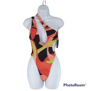 Sexy Bond Girl 1 Shoulder Cheeky Swimsuit Geometric Print Black Orange